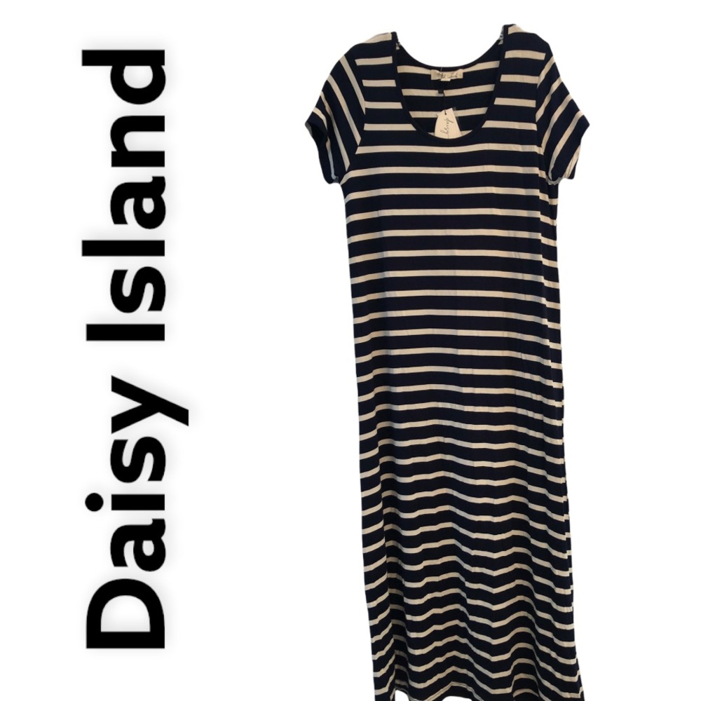 Daisy Island Navy Striped Short Sleeve Maxi Dress UPF 50 L NWT